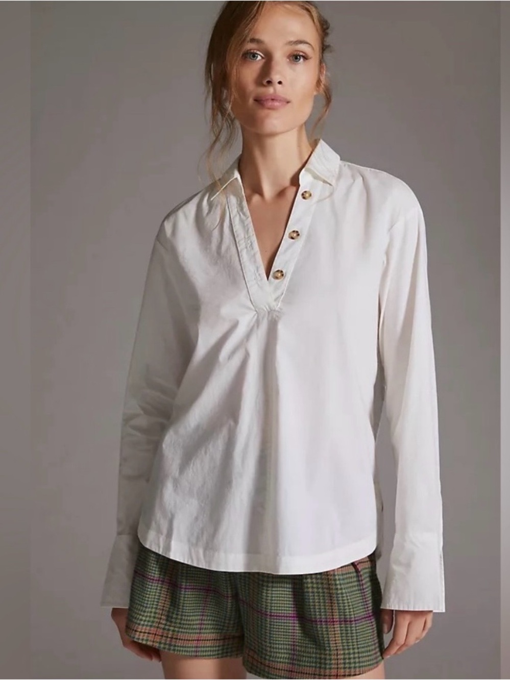Anthropologie Maeve Size Small Henley Popover Shirt LS Button Top White Peasant